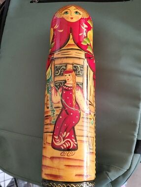 Hand-Painted Red and Gold Matryoshka-Style Wood Sculpture